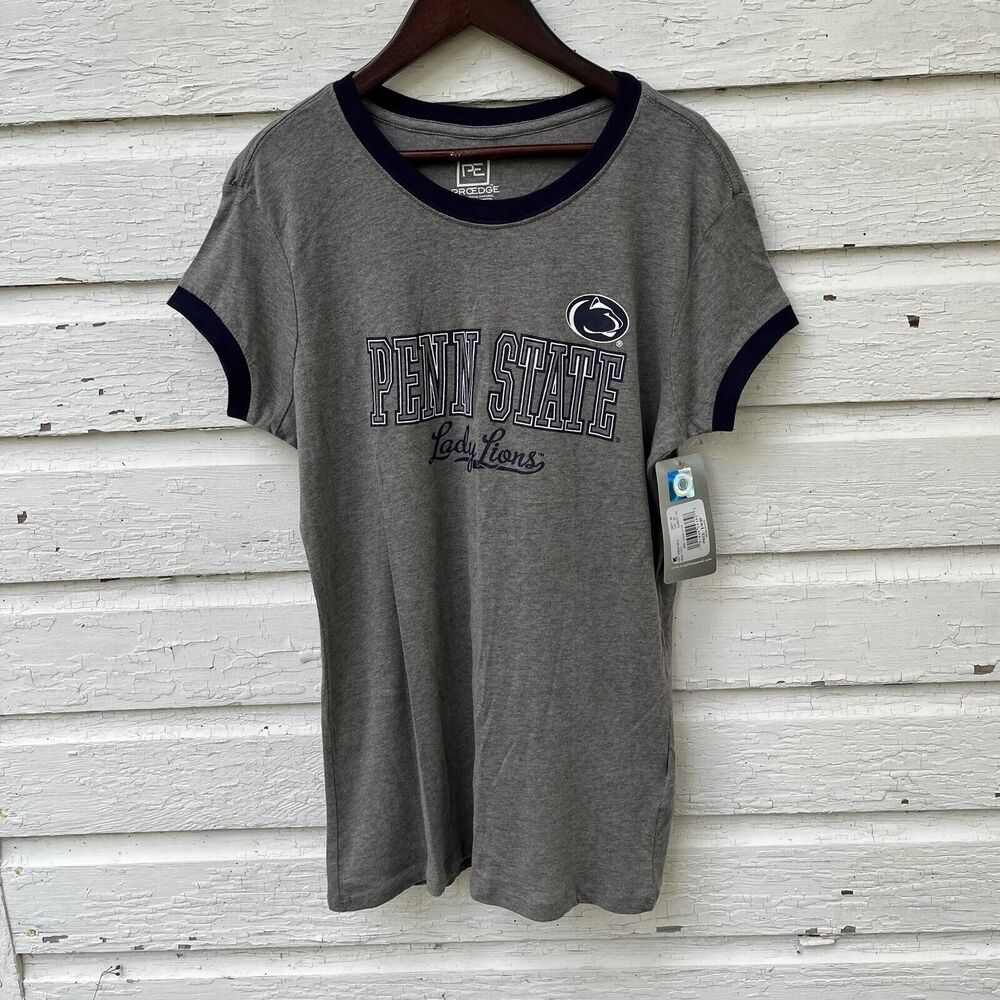 PENN STATE LIONS Women’s Navy Trim Lady Lions Baby Tee, Gray/Blue- Large NWT